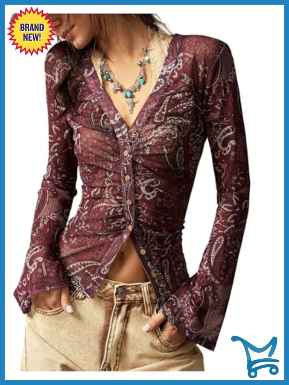 Boho Paisley Button Down Blouse Ruched V-Neck Long Sleeve Slim Fit Going Out Top
